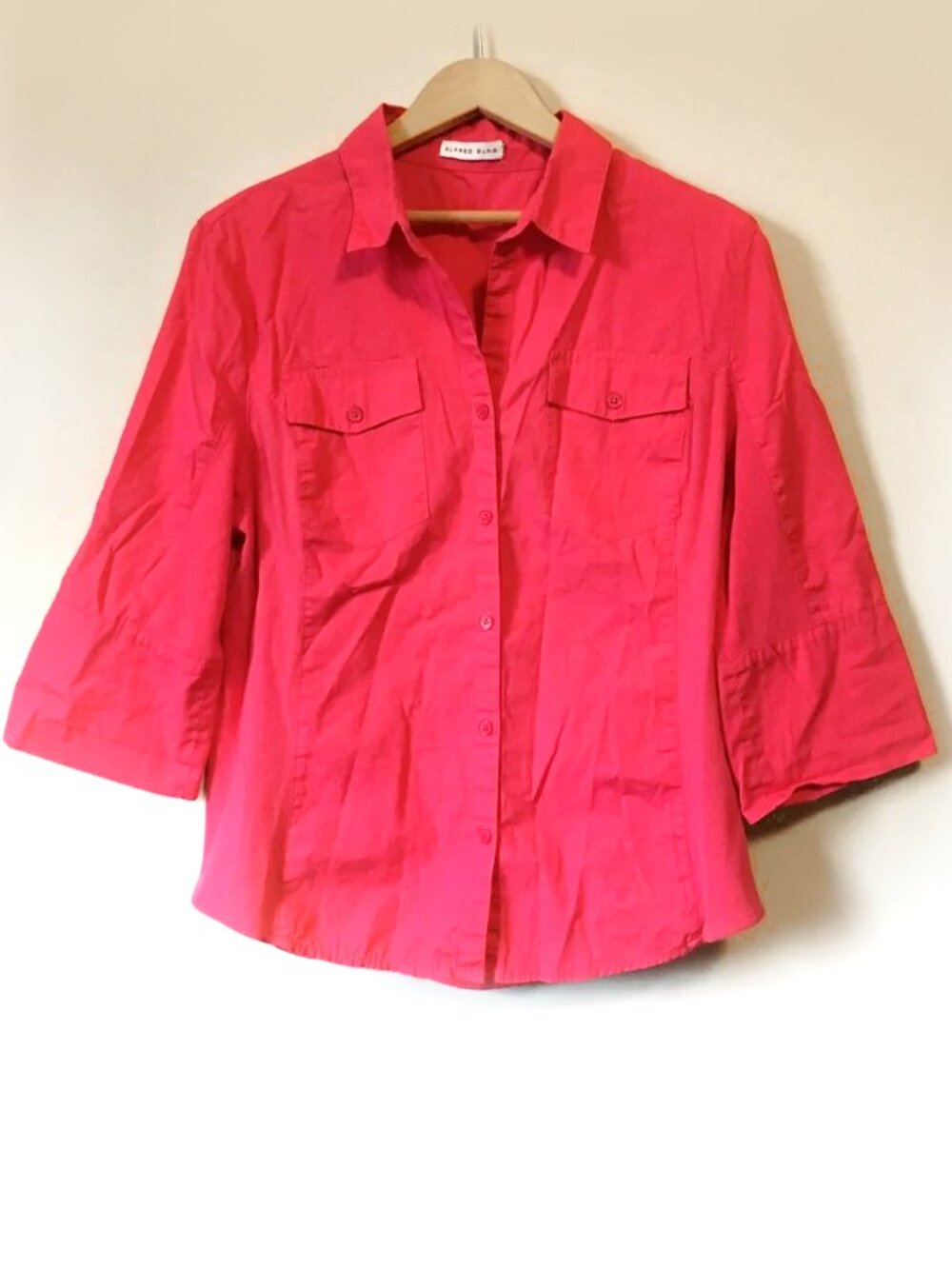 Alfred Sung Hot Pepper Pink Cotton Button Down 3/4 Flare Sleeve Shirt Large